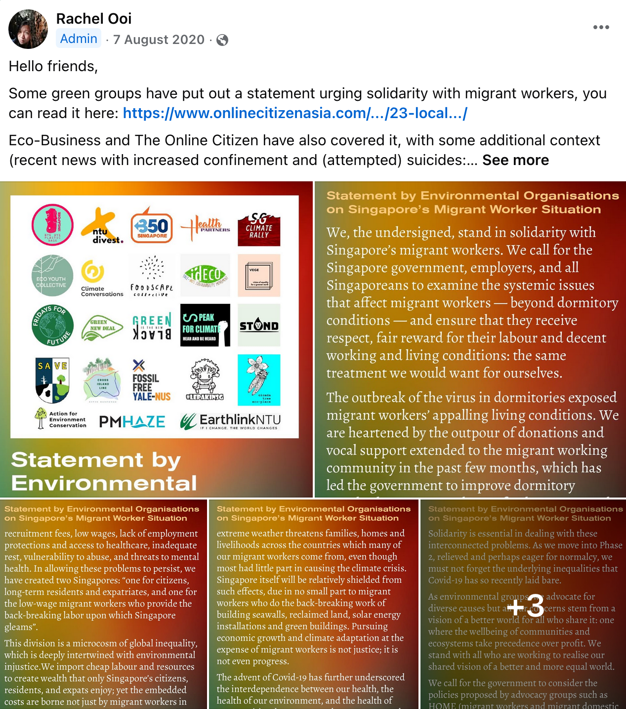 screenshot of post in Climate Media Hub about statement by green groups in solidarity with migrant workers